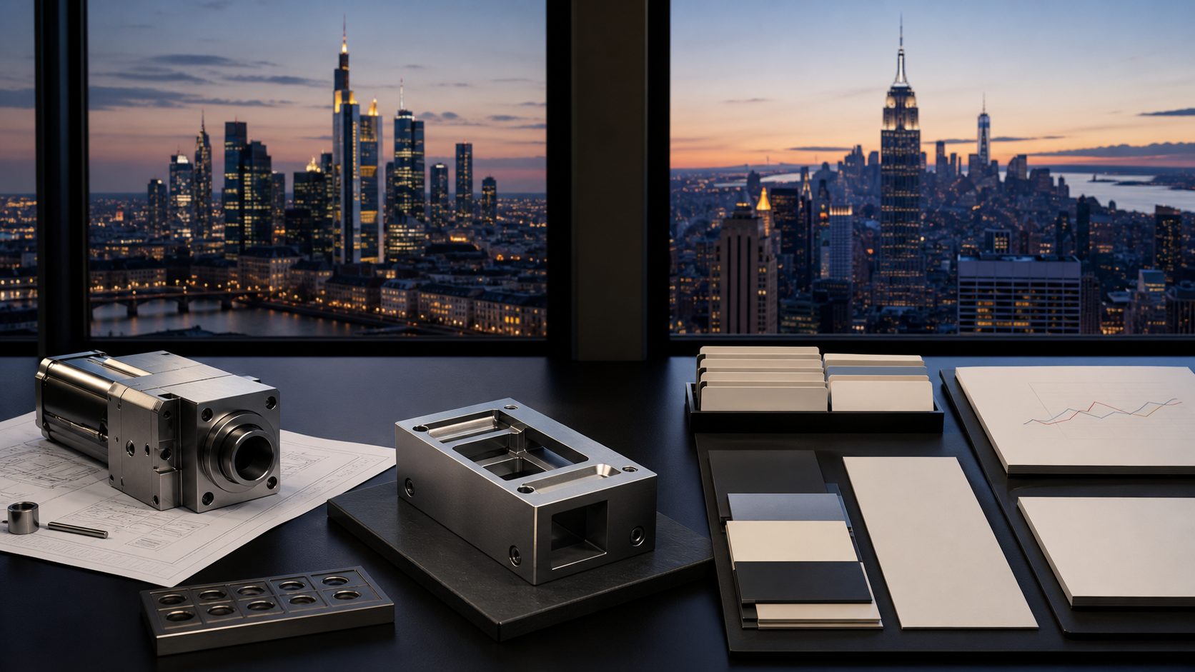 Frankfurt and New York split-window view with German industrial components and US buyer review materials