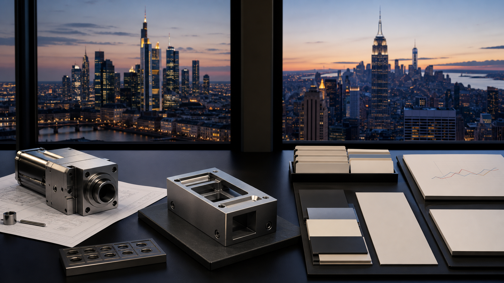 German precision product compared with US buyer evaluation material between Frankfurt and New York
