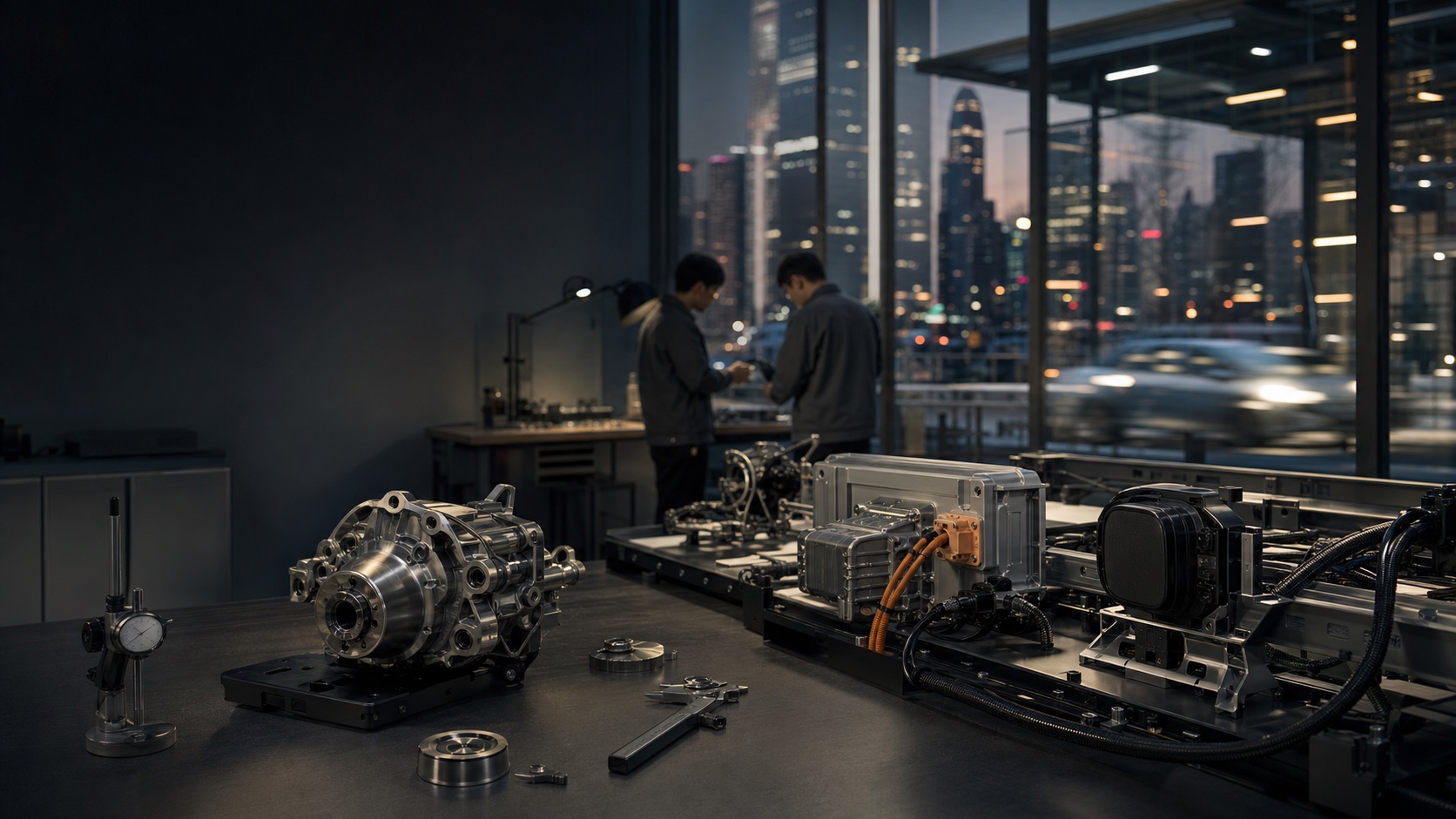 Unbranded mechanical and electric vehicle systems on an automotive engineering bench in Shanghai