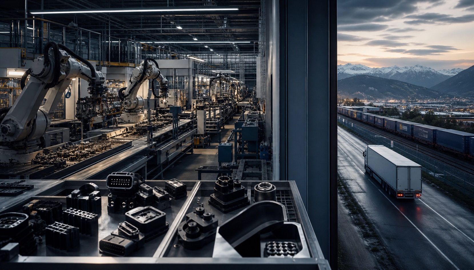 Unbranded automotive-technology factory operating beside cross-border freight routes