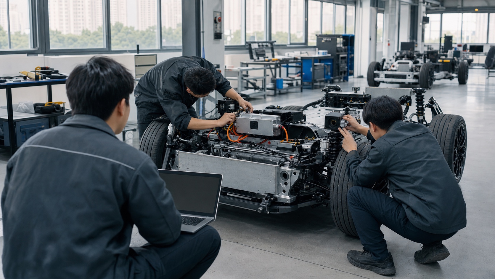 Engineers integrating unbranded control and sensor systems into an electric vehicle development chassis