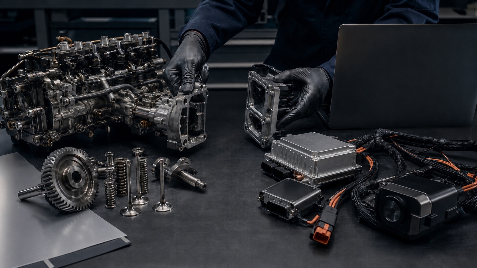 Engineer comparing unbranded combustion-era components with electric vehicle control hardware