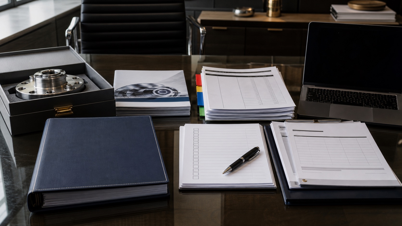 European export marketing pack beside US buyer evaluation documents on a procurement desk