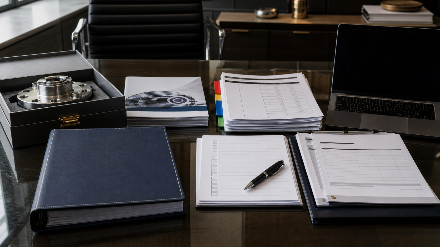 European export marketing pack beside US buyer evaluation documents on a procurement desk