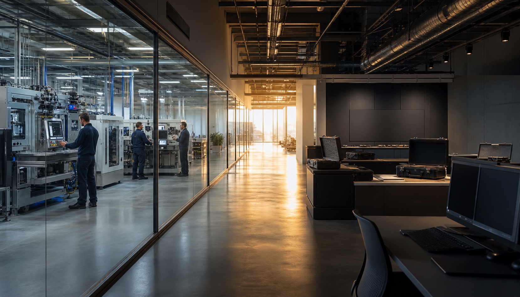 Operating manufacturing floor beside an unfinished commercial launch room
