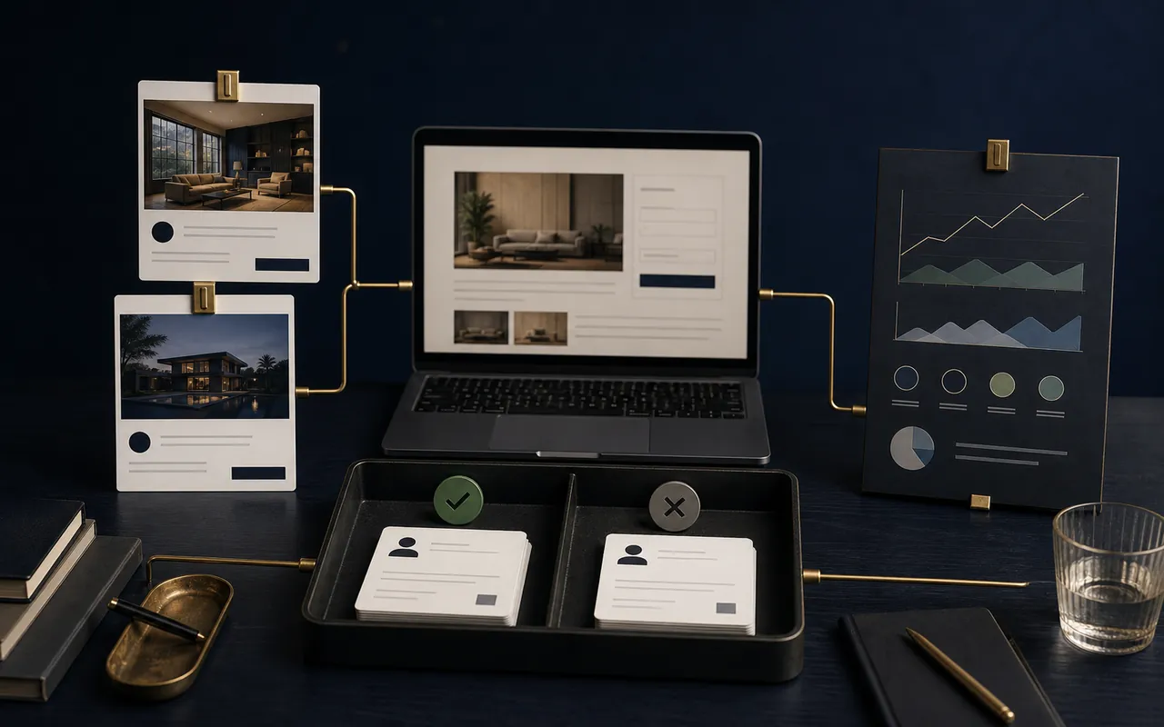 Premium paid media operations desk with market campaigns, landing pages, qualified lead signals, and budget controls