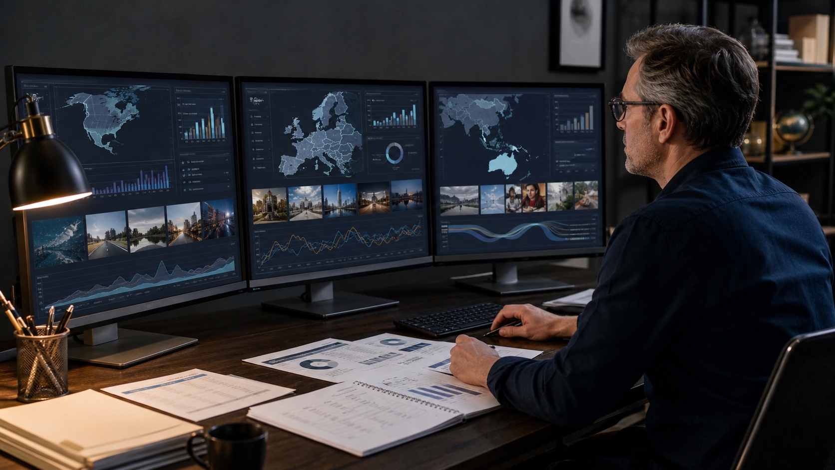 International marketing analyst comparing campaign performance across North America, Europe, and Asia-Pacific