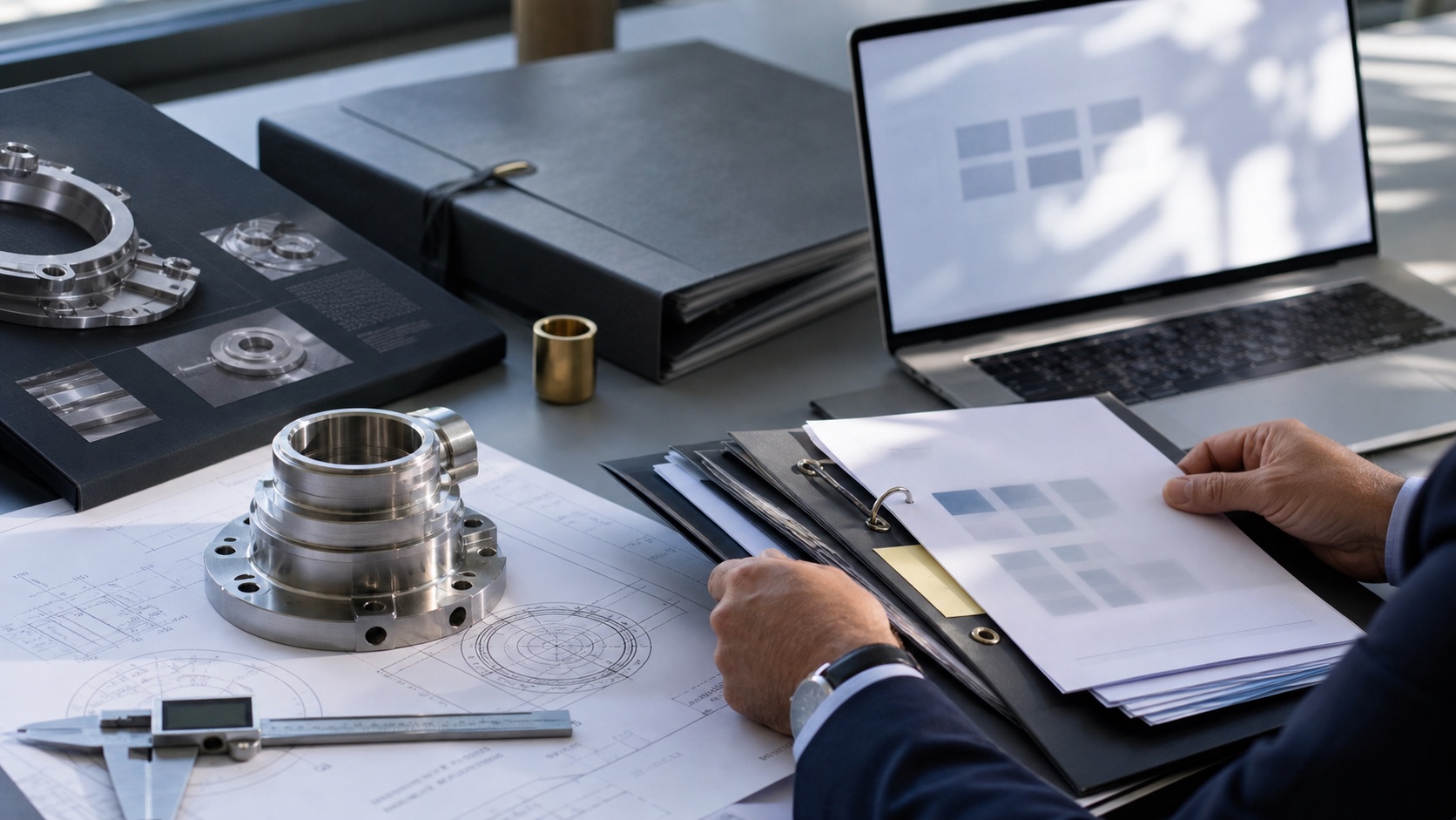 Precision German engineering component beside an incomplete US buyer evaluation file and search screen