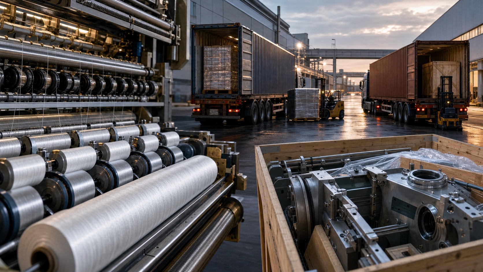 Technical industrial machinery and material prepared for transfer to international plants