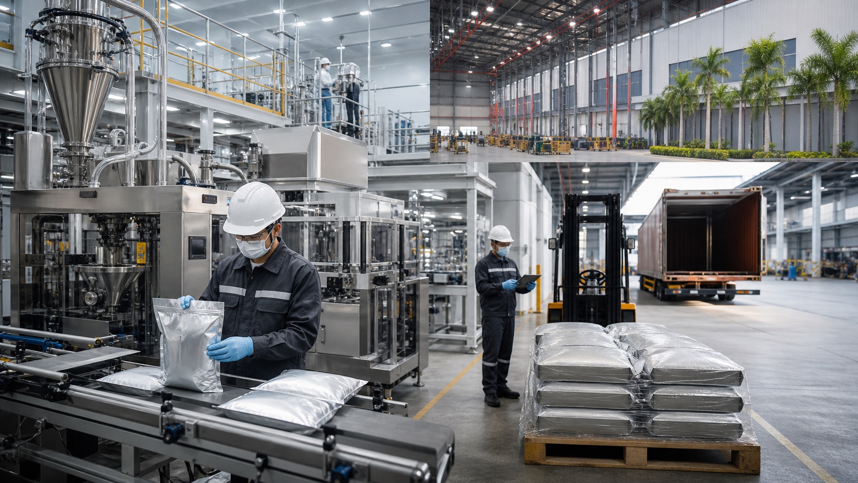 Automated advanced-materials production and outbound logistics at a modern Vietnam factory