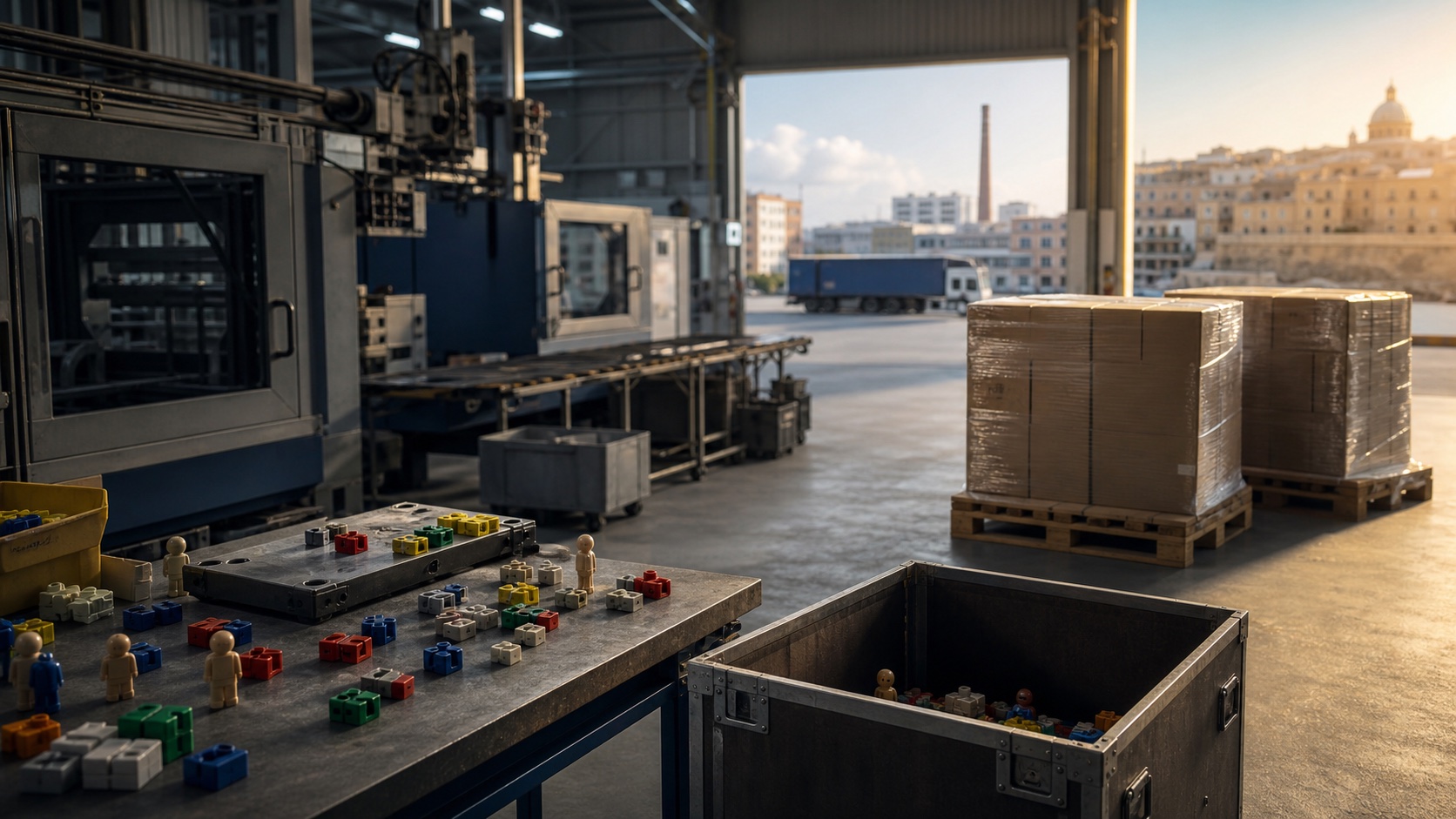 Unbranded toy-component factory line prepared for a cross-border production transfer