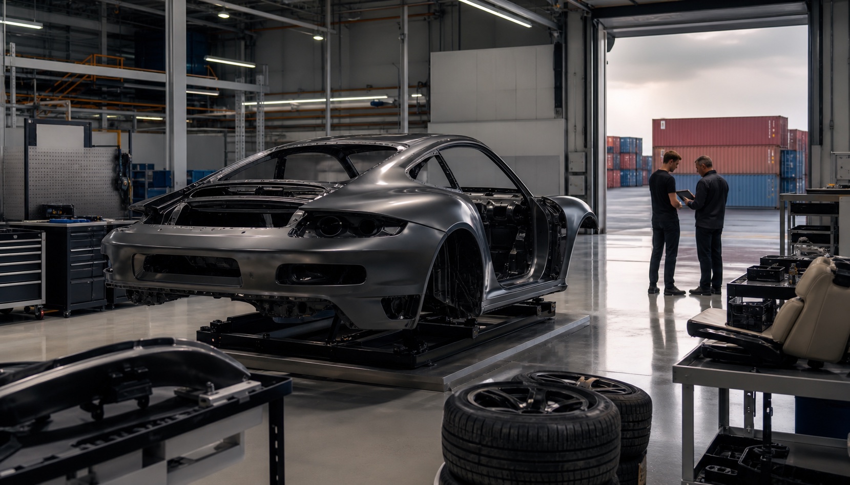 Unbranded premium sports-car body shell at a possible United States final-assembly facility