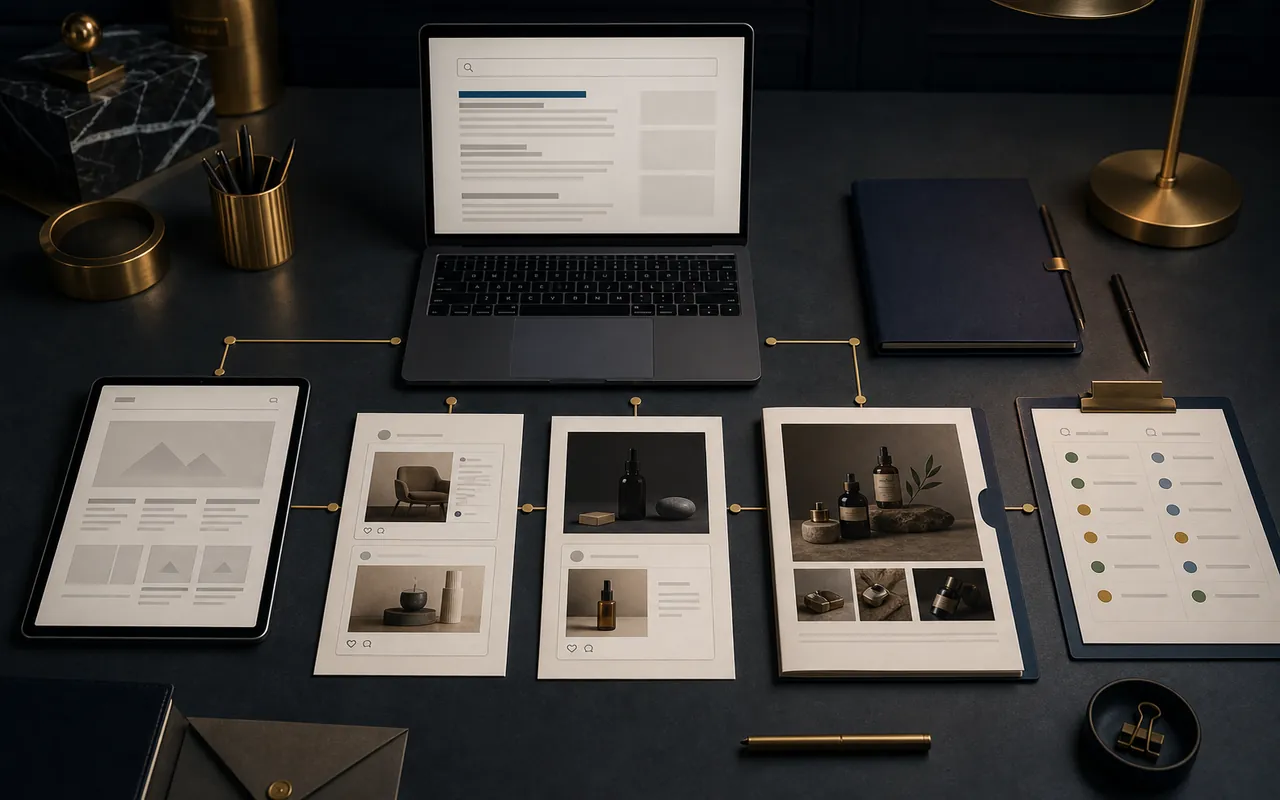 High-end global marketing studio showing search, localization, paid media, distributor, and lead-generation workstreams