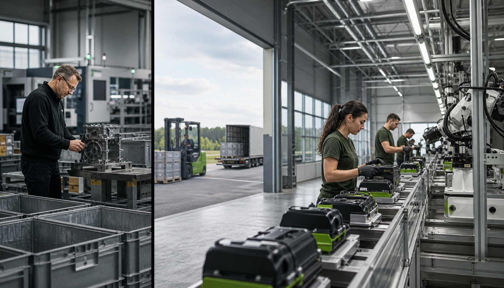 Modern unbranded battery-tool assembly line linked to German industrial engineering work