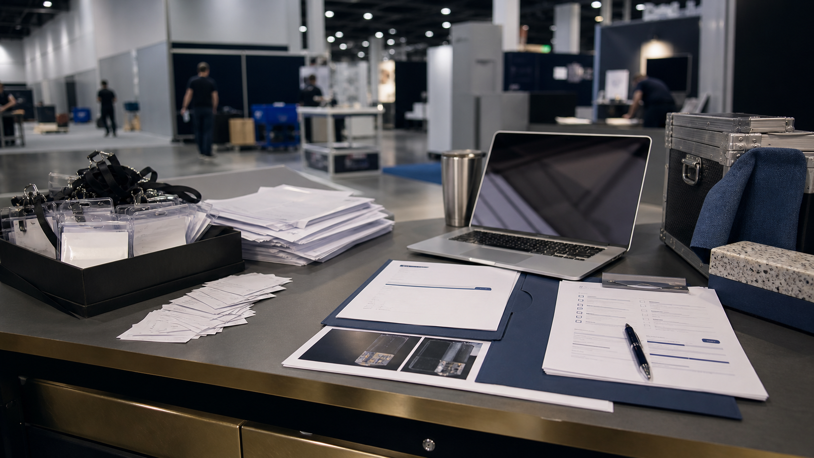 Trade show follow-up desk with badge scans, buyer evaluation documents, and product proof material after a US exhibition